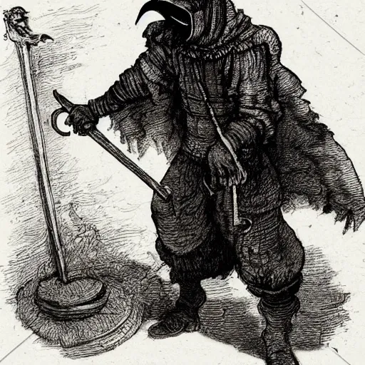 Prompt: plague doctor with a scythe, monster character design, fantasy. by rembrandt, illustration, higly detailed - 9