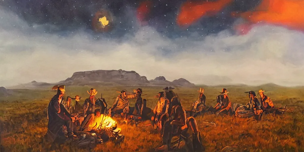 Image similar to retro future, western landscape, cowboys sitting around a campfire telling stories, alien sky, oil paint on canvas
