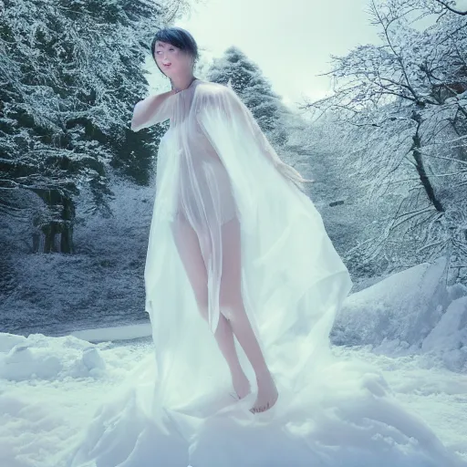 Image similar to a instax photo of fuji mountain, a tall japanese girl in a transparent sheer fabric dress against the background of fuji mountain, severe snow, full body shot, by peter kemp, by monia merlo, hyperrealistic, hyperdetailed, octane render, 8 k