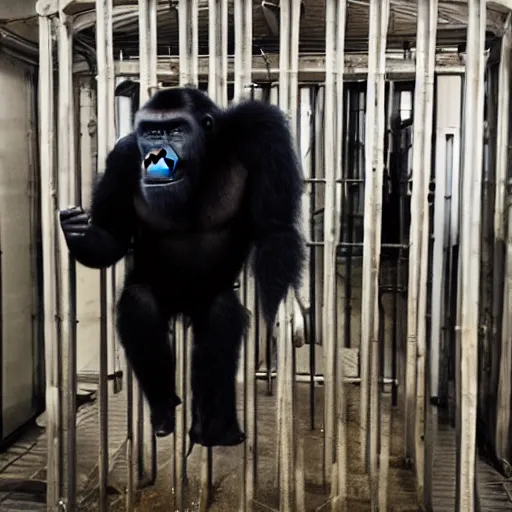 Image similar to bald white man dressed in a gorilla suit in a cage