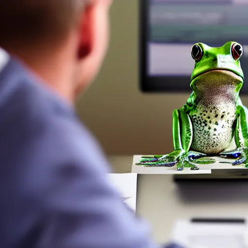 Image similar to a picture of a frog giving a presentation at the office, he is wearing a suit, 4K