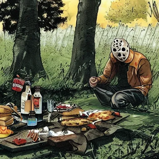 Image similar to jason voorhees having a picnic at chernobyl