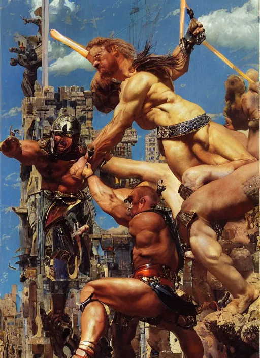 Image similar to huge warrior jocko willink vs godlike achilles at the walls of troy, dynamic action science fiction, by john berkey and lawrence alma tadema and rick berry and norman rockwell and jack kirby