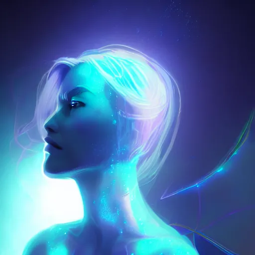 Image similar to holographic woman, beautiful, blue light, profile, science fiction, d & d, concept art, sharp focus, illustration, character art,