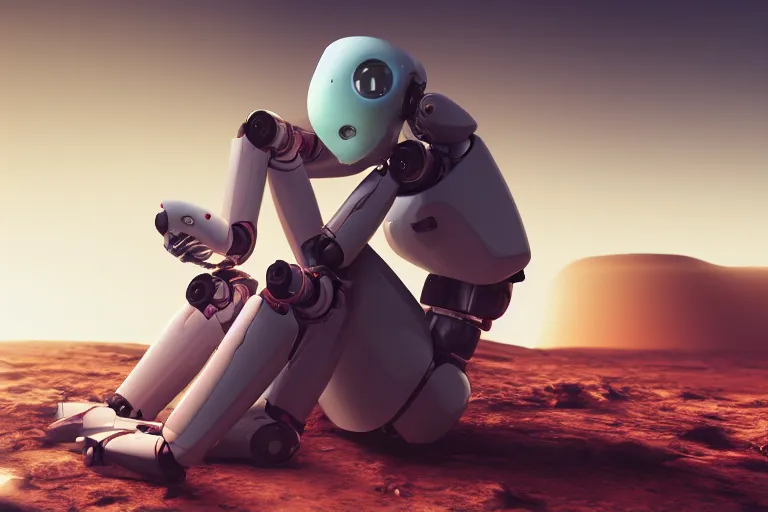 Prompt: a beautiful girl robot sitting on mars relaxing, red lighting, mist, blender render,