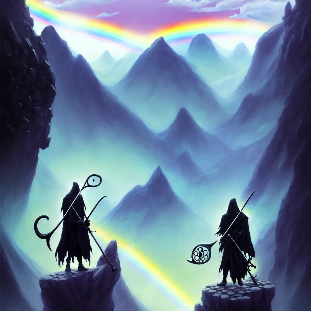 Image similar to a beautiful artwork painting of a grim reaper with a skull face holding a giant scythe, crystal flowers underneath this feet, behind him tall mountains under a rainbow is seen, by andreas rocha, featured on artstation.