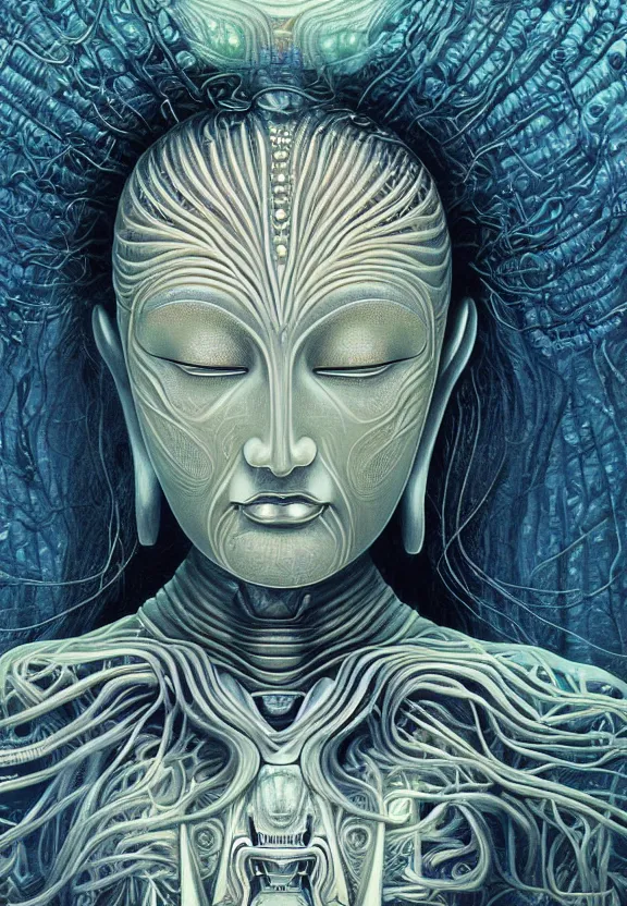 Image similar to perfectly centered portrait, front view of a beautiful biomechanical alien android robot buddha, female, flowing hair, intense stare, sarcastic smile, symmetrical, concept art, intricate detail, volumetric shadows and lighting, realistic oil painting by alex grey and gustave dore,