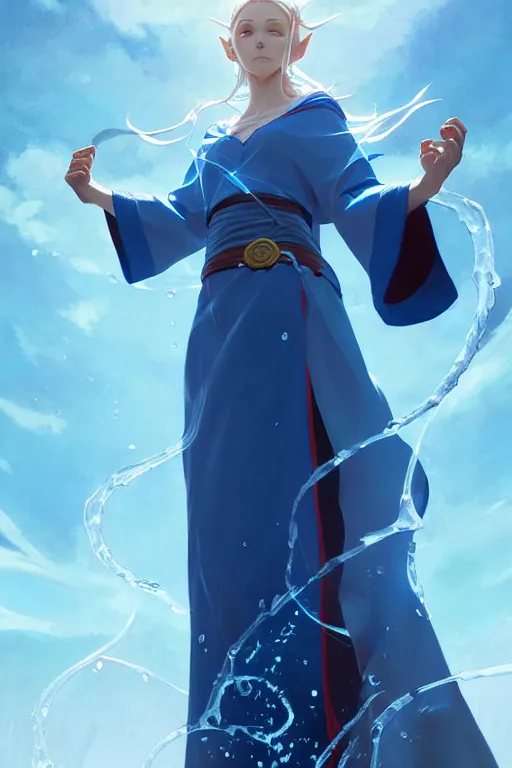 Image similar to elf female sorcerer doing water magic spells, blue robes, red hair, finely detailed perfect face, exquisite details, mid view, design on a white background, by studio muti, greg rutkowski makoto shinkai takashi takeuchi studio ghibli