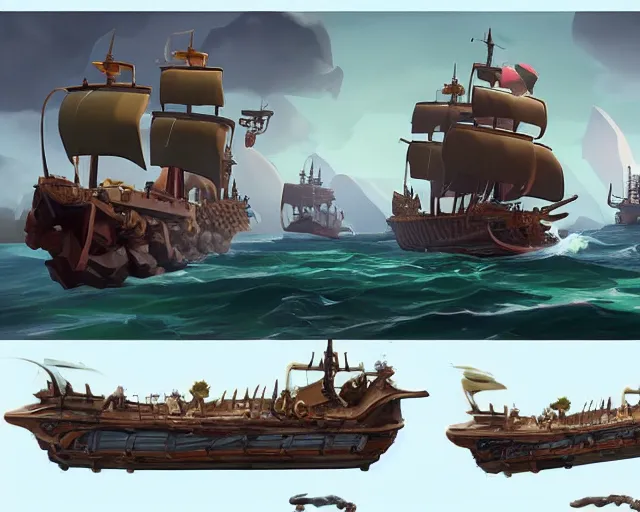 Prompt: sea of thieves concept art for a new large unreleased frigate ship, cgsociety, trending on artstation, rare ltd,