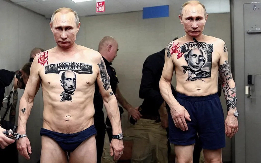 Image similar to famous photo of vladimir putin with torso covered with criminal tattoo photo dy journalists