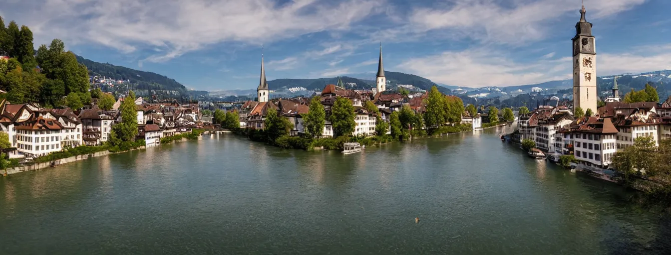 Image similar to Photo of Zurich, looking down the Limmat at the lake and the alps, Hardturm, Grossmünster, Lindenhof, Üetliberg, wide angle, volumetric light, hyperdetailed, light blue water, artstation, cgsociety, 8k