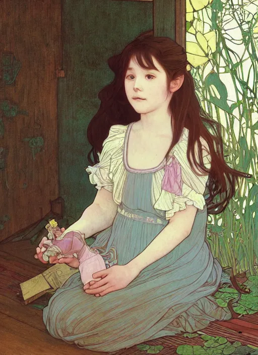 Prompt: young girl with long hair, wearing a dress, playing with her doll on the wooden floor in an old wooden house, path traced, highly detailed, high quality, digital painting, by studio ghibli and alphonse mucha, leesha hannigan, hidari, art nouveau, chiho aoshima, jules bastien - lepage