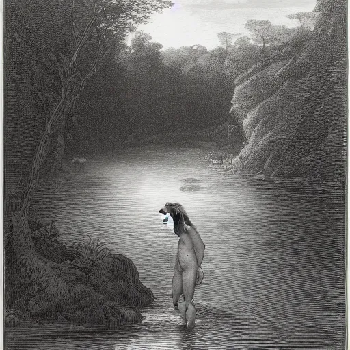 Prompt: an engraving of one young man, half long hair, sunglasses, standing in a shallow river that runs through a forest, by gustave dore, highly detailed