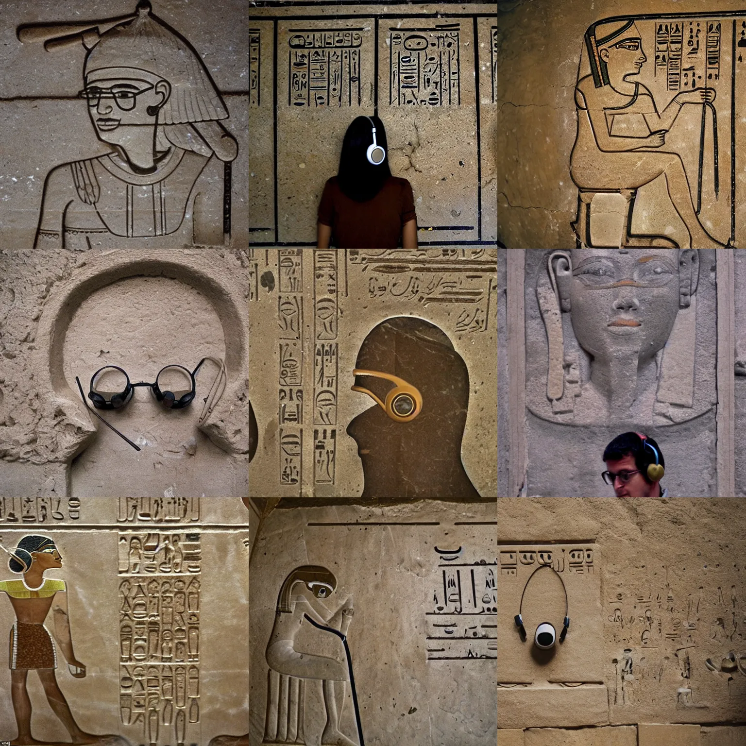 Prompt: person in glasses and wearing over-ear headphones inscribed on the wall of a tomb in egypt, historical, artifact, marble, stone, national geographic, relic