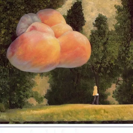 Prompt: giant floating peach, brussels, rene magritte