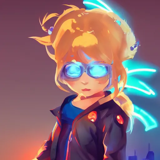 Image similar to Splash art Anime loli, blond hair with pigtails, blue coat, and black shorts, she flies by using blue neon powers through the city. Cinematic sunset, faint orange light. Amazing piece Trending on Artstation