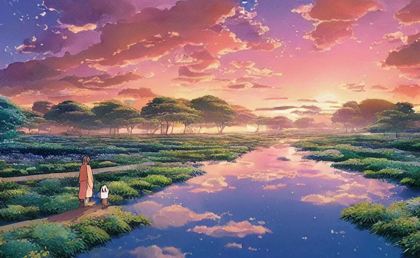 Image similar to A painting named A river of light that leads to God in colaboration with Studio Ghibli,