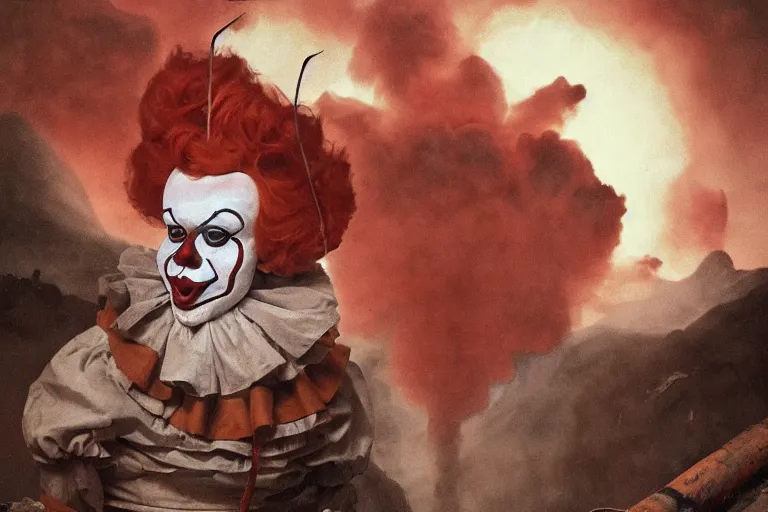 Image similar to pennywise as pulcinella! making pizza, vesuvius spewing lava in the background, glowing pools of lava, dark cloudy sky, by esao andrews, by james jean, full body, wide angle, post - apocalyptic, hyperrealistic, big depth of field, 3 d octane render, 4 k, perfect symmetrical face, masterpiece, hyperrealistic, trending on deviantart