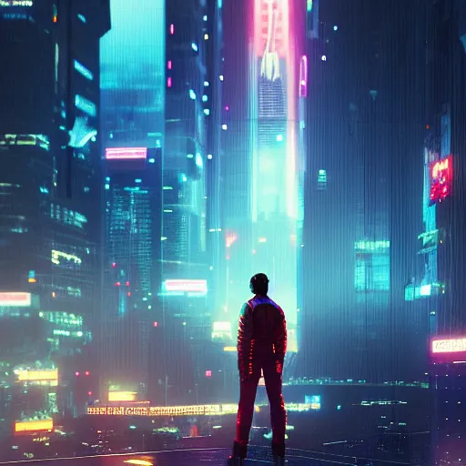Image similar to professional photo of astronaut from front standing very close to camera from low angle shot, cyberpunk city on background, synthwave, blade runner, hyperrealistic masterpiece, trending on artstation, cgsociety, kodakchrome, golden ratio, cinematic, composition, beautiful lighting, hyper detailed, sharp focus, octane render, 4 k, unreal engine