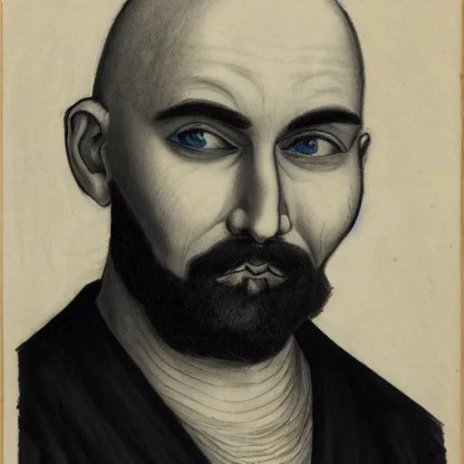 Image similar to portrait of bald short - bearded man with round face, small eyebrows, wide lips and kind blue eyes, minimalictic black and white, ink, pencil