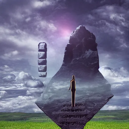 Prompt: symmetric, dark background, apocalyptic sky, sun radiating, monolith with alien runes, surreal geology, human figure, steps