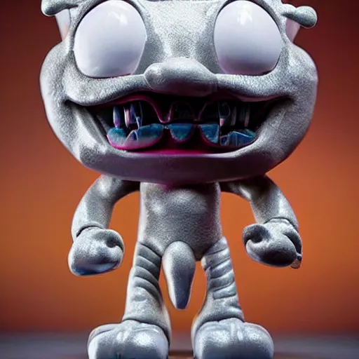 Prompt: a highly detailed vinyl figure with lighting bolts coming out of its eyes it is pointing to the right, crazy laugh, square nose, electric eyes, sparking eyes, realistic lighting, realistic reflections