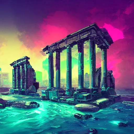 Prompt: neon ancient ruins in the sea, retrowave art,digital art,trending on art station