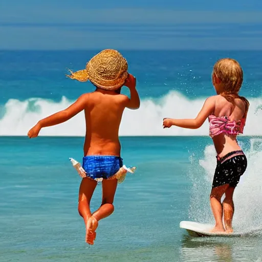 Image similar to At our beach, at our magic beach, we swim in the sparkling sea, surfing and splashing and jumping the waves, shrieking and laughing with glee