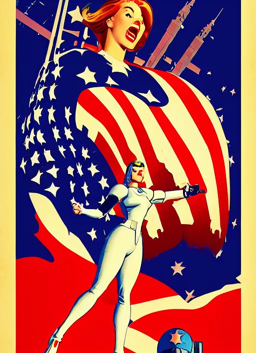 Image similar to patriotic american propaganda poster. cyberpunk female supersoldier. portrait by jean giraud and anton otto fischer and john philip falter and will eisner and gil elvgren and pixar. realistic proportions. character art. science fiction d & d. tf 2, overwatch, rb 6 s, cyberpunk 2 0 7 7, blade runner 2 0 4 9.