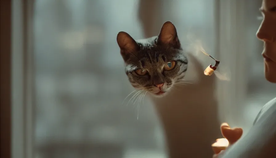 Image similar to anthropomorphic cat smoking cigarette and leaning out a window, cinematic lighting, close-up, IMAX cinematography