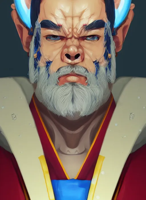 Image similar to a portrait of General Franky as a real man, wearing a traditional Japan dress, very muscular, blue hair, handsome chad chin, glowing red laser eye, intricate, highly detailed, digital painting, artstation, concept art, smooth, sharp focus, illustration, matte painting