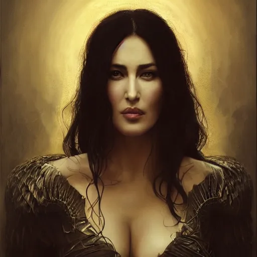 Image similar to majestic gracious regal aristocratic raven haired monica bellucci as the vampire pandora portrait, indoors, atmospheric lighting, painted, intricate, volumetric lighting, beautiful, rich deep colours masterpiece, sharp focus, ultra detailed, by leesha hannigan, ross tran, thierry doizon, kai carpenter, ignacio fernandez rios