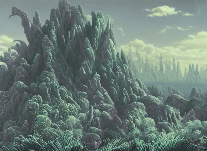 Image similar to pleasing misty neonbarf palette. intricate sharp spikes riddle this puzzling landscape, it's too detailed. rhythmically complex wonderland matte painting from painterly fantasia ( 1 9 4 1 )