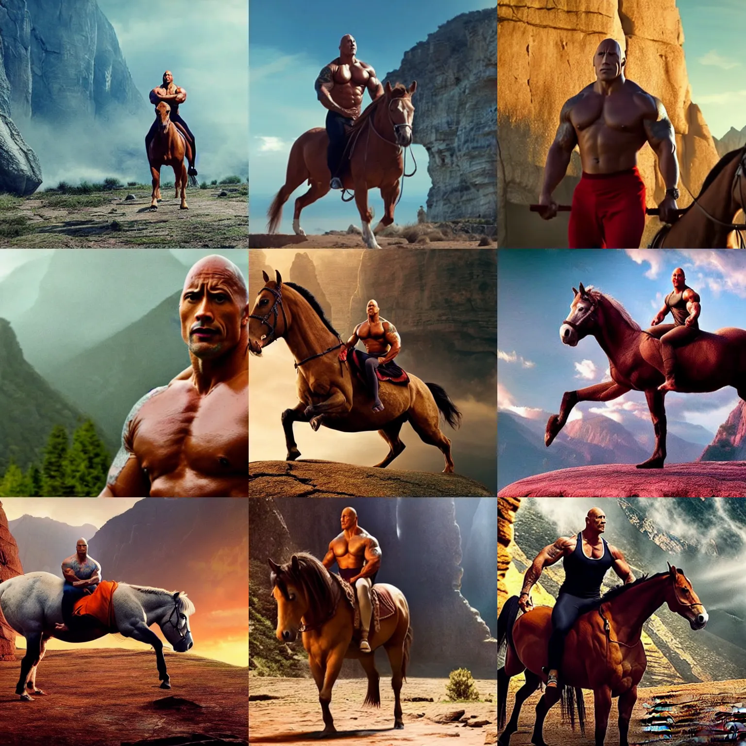 Prompt: dwayne johnson in yoga suit on a horse, cinematic establishing shot, magical colours and atmosphere, perfect coherent composition, super realistic, professional photography 1 6 k