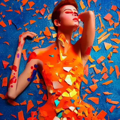 Prompt: beautiful model girl body art fabric skin dress with colouful plastic bag skin and glass shards painting style of wlop jonathan zawada, thisset colours simple background gradient objective light orange and blue amber colours