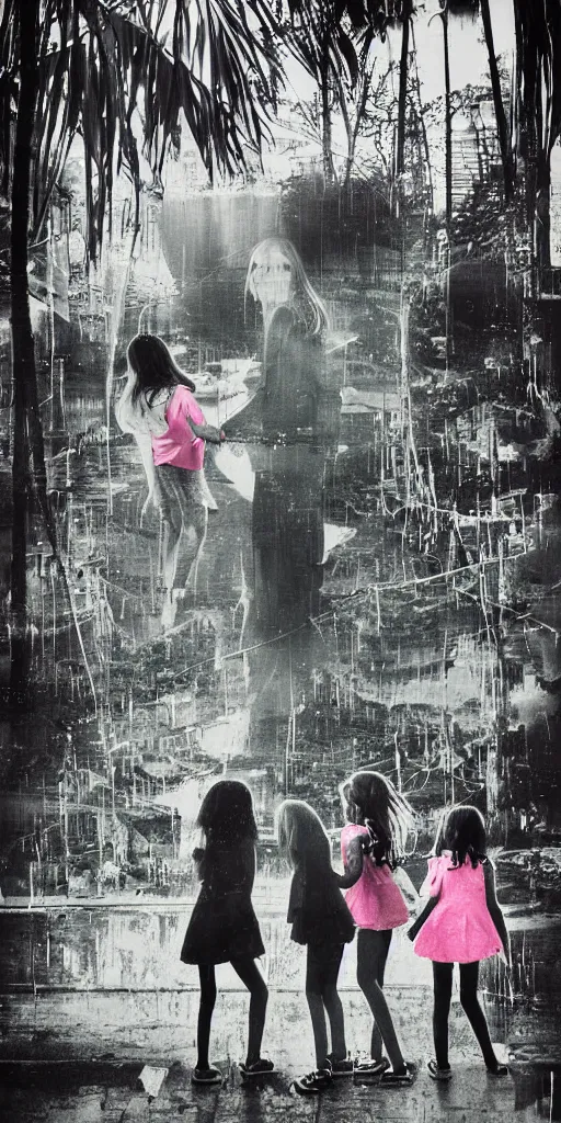 Prompt: polaroid manga infrared photography poster. girl with a realistic and super detailed school girls hugged on the exploted subway. grid and web. minimalistic. rainy weather. dramaticlly deep composition. vapor. pastel tones. The palms come from the depths. palms and green Algae. Rays of light breaking through the water. pink Jellyfish everywhere. super detailed and realistic, photorealistic, center of the frame, redshift, octane, in the style of Hiro Kiyohara