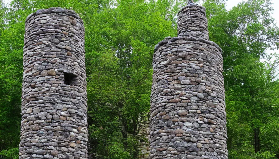 Prompt: stone tower made of individual stones on the mountain river