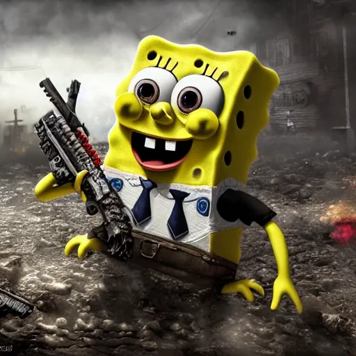 Image similar to Spongebob in Gears of War, highly detailed, high quality, HD, 4k, 8k, Canon 300mm, professional photographer, 40mp, lifelike, top-rated, award winning, realistic, sharp, no blur, edited, corrected, trending