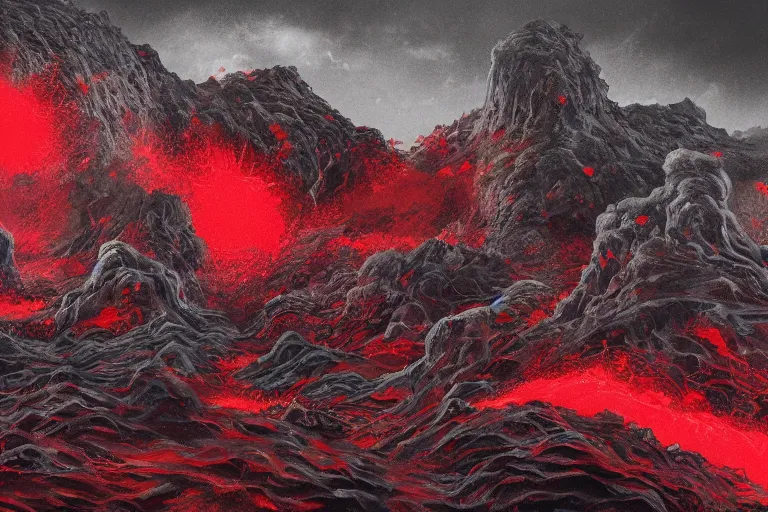 Prompt: red themed mashup lava landscape with movie characters, cinematic, die hard, marvel, disney, indie, highly detailed, featured on artstation, highly detailed, abstract