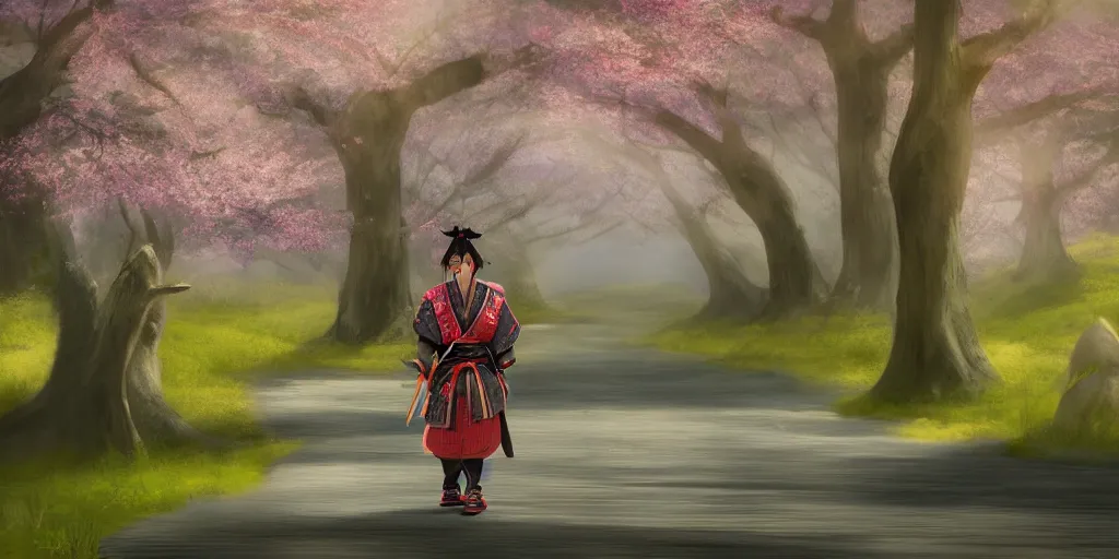 Prompt: a samurai standing on a ancient road with cherry blossom trees in the background, digital art, 4K