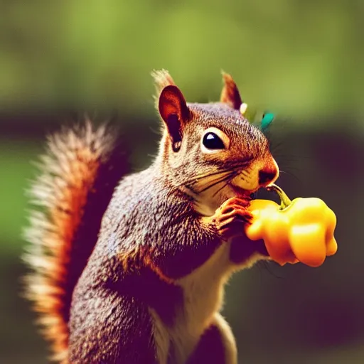 Prompt: a photograph of a Squirrel winces in disgust whilst holding a pepper, portra 800