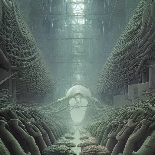 Prompt: epic alien jungle by zdzisław beksinski, greg rutkowski inside a giant futuristic factory by zaha hadid, inspired by a documentary fractal universe