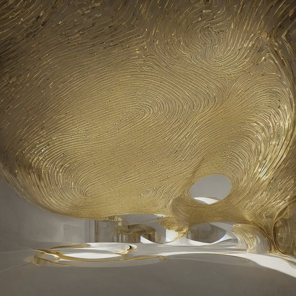 Image similar to “ an incredibly smooth curvilinear neo baroque interior architectural sculpture, a golden pool on the ground is envelope by folding white surfaces, blue light, visually satisfying architecture render ”