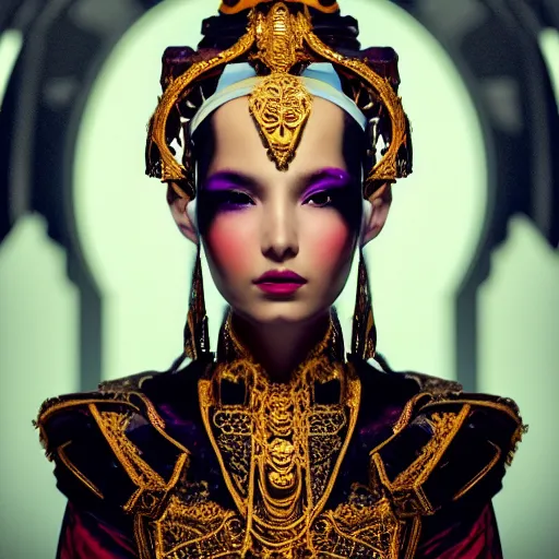 Image similar to a beautiful empress portrait, with a brilliant, impossible striking big cybernetic headpiece, cybernetic clothes, symmetrical, dramatic studio lighting, rococo, baroque, asian, hyperrealism, closeup, D&D, fantasy, intricate, elegant, highly detailed, digital painting, artstation, octane render, 8k, concept art, matte, sharp focus, illustration, art by Artgerm and Greg Rutkowski and Alphonse Mucha