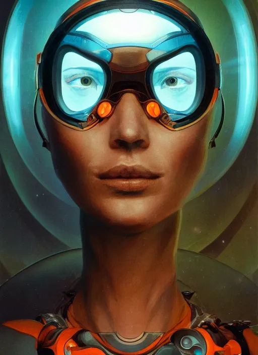 Image similar to symmetry portrait of a cyborg female scientist, visor, cinematic light, backlight glow, teal orange, mist, by gerald brom, by mikhail vrubel, by peter elson, muted colors, extreme detail, trending on artstation, 8 k