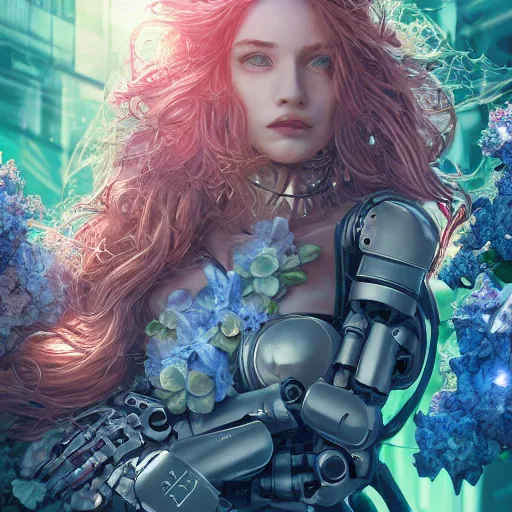 Prompt: a beautiful fine art RPG portrait photo of a resting cyberpunk gigeresque robot, spread out wavy hair covered by by hibiscus, daffodils, hydrangea, montsera leaves, soft studio lighting, 50mm lens, very detailed, bionic, robotic, deep depth of field, artstation, 4K