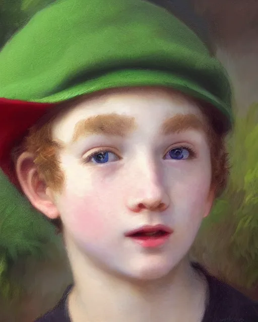 Image similar to beautiful glorious realistic oil painting of young kyle broflovski in green hat, bokeh, baroque style by bouguereau, sunset, highly detailed, 8 k intricate