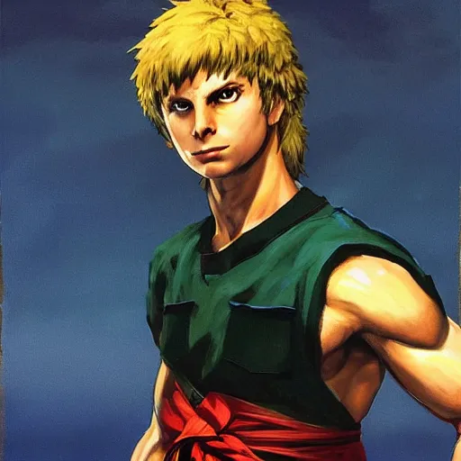 Image similar to michael cera as ken masters from street fighter, painting by frank frazetta, 4 k, ultra realistic, highly detailed,