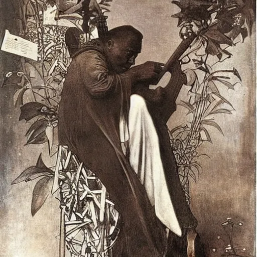 Image similar to charlie parker by hieronymus bosch alphonse mucha