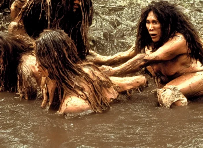 Prompt: 2 cavewomen mud wrestling t, movie still, from the movie quest for fire, 8 k, realistic